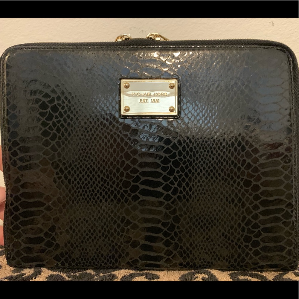 Michael Kors Black Faux Snakeskin Tablet Case with Gold Plate